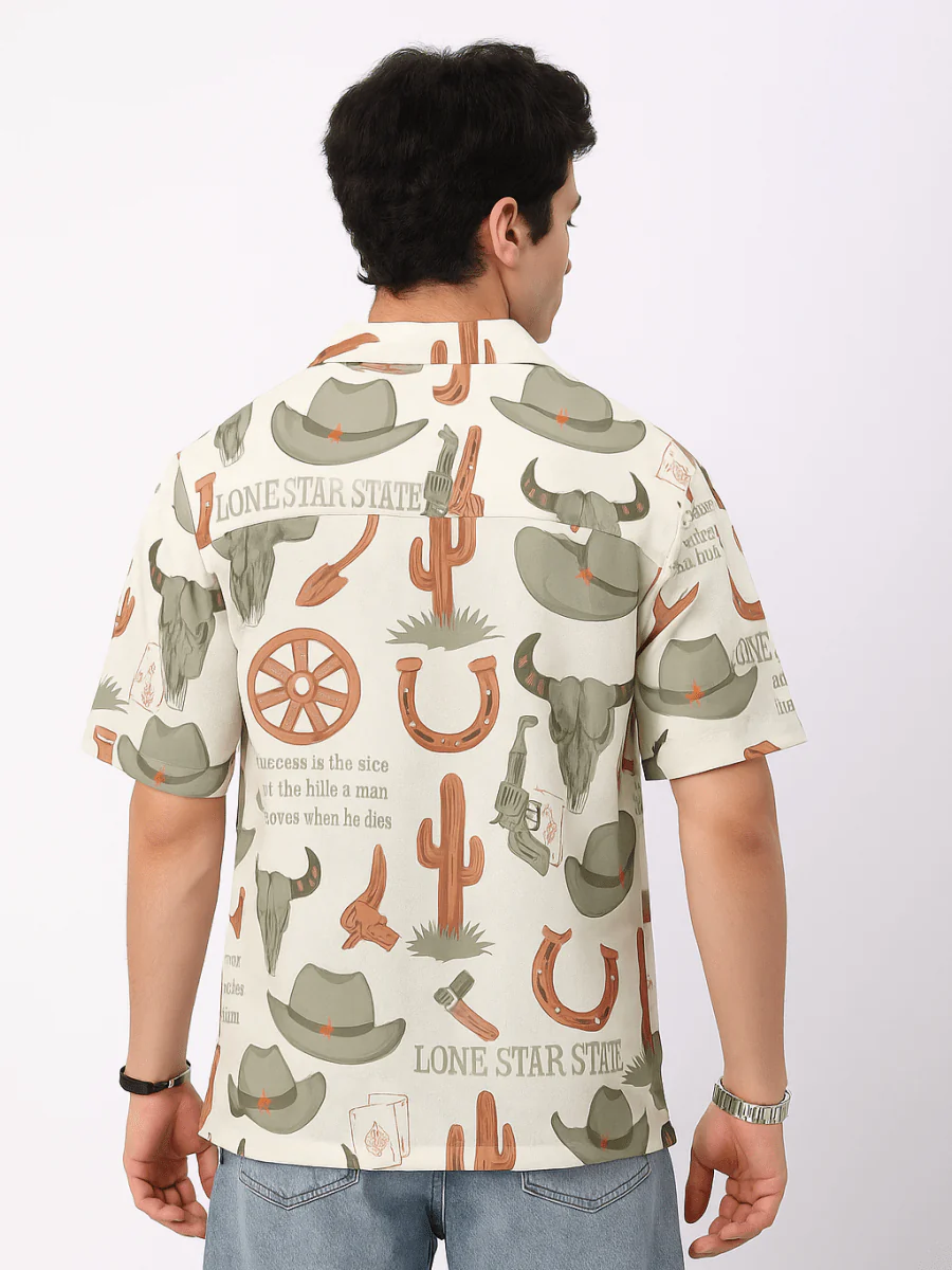 Spatex Texas Western Printed Premium Casual Shirt for Men | Beige Designer Half Sleeve Cowboy Graphic Shirt