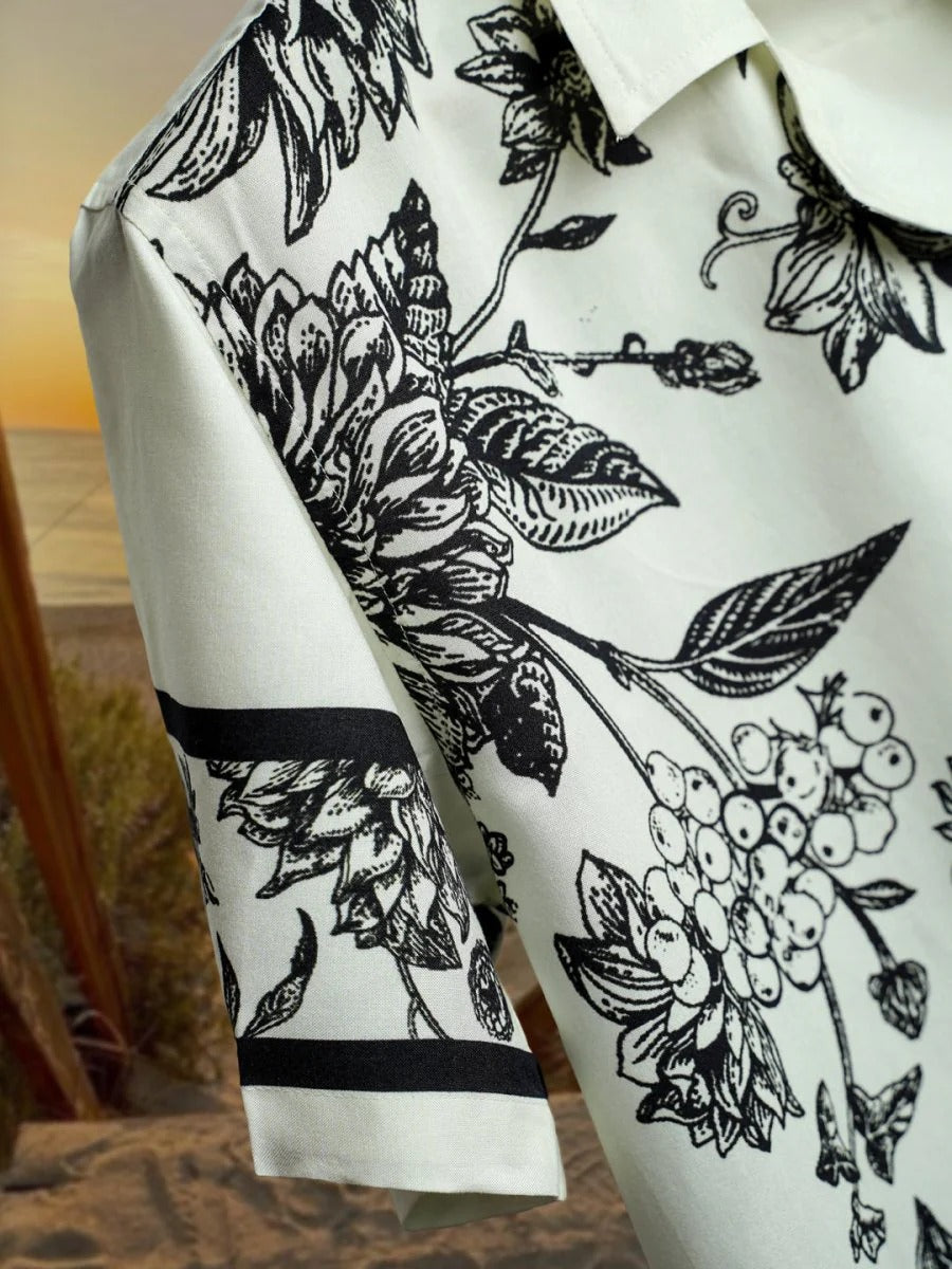 Spatex Floral Panel Printed Premium Casual Shirt for Men | White & Black Designer Half Sleeve Cuban Collar Shirt