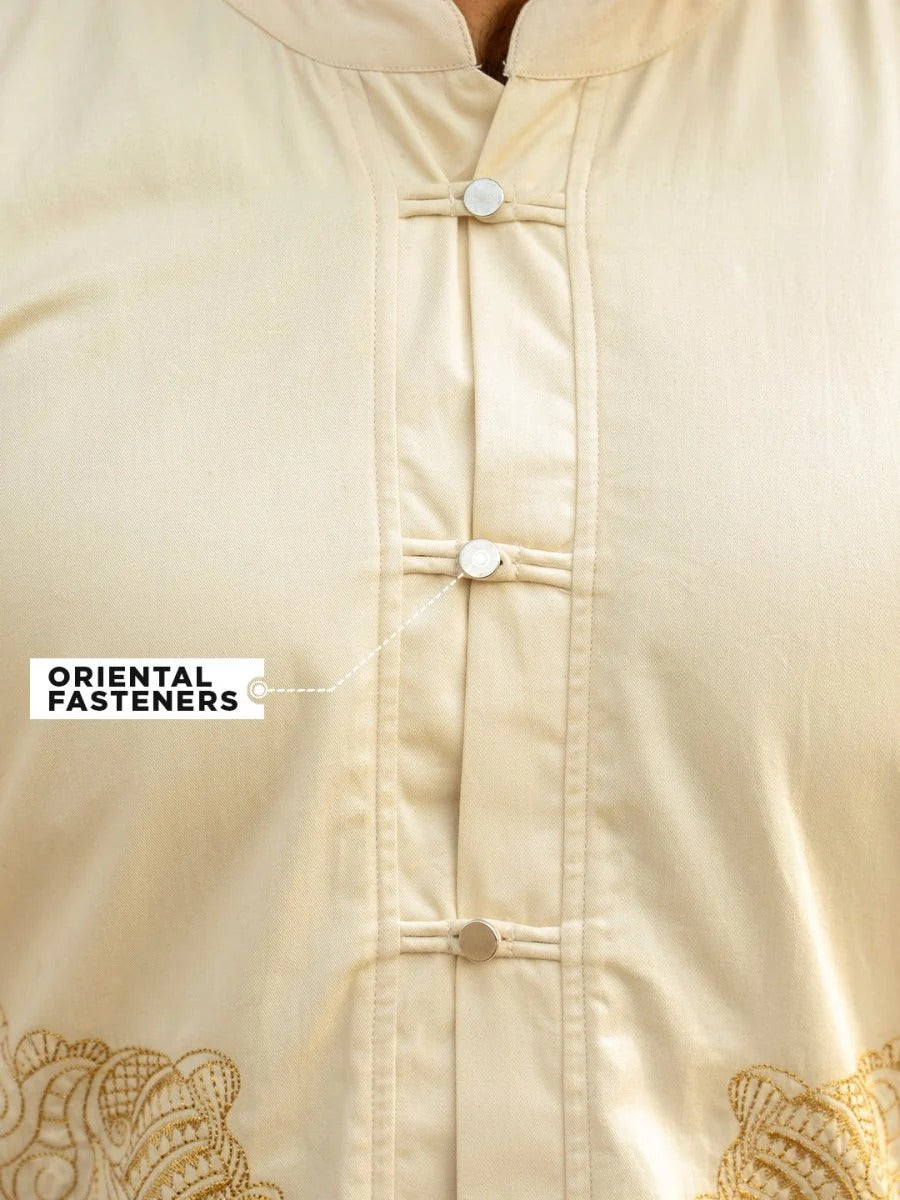 Spatex Premium Embroidered Mandarin Collar Shirt for Men | Beige Designer Full Sleeve Ethnic Casual Shirt
