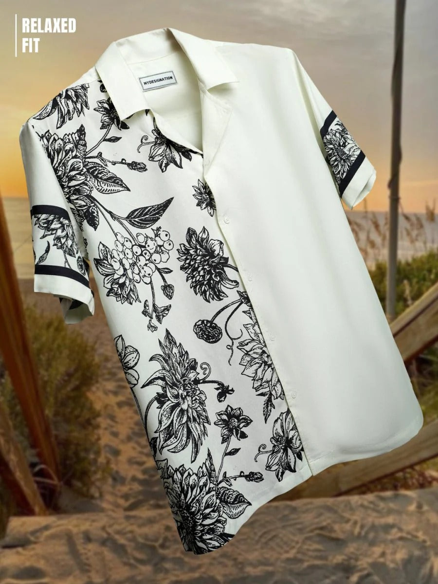 Spatex Floral Panel Printed Premium Casual Shirt for Men | White & Black Designer Half Sleeve Cuban Collar Shirt