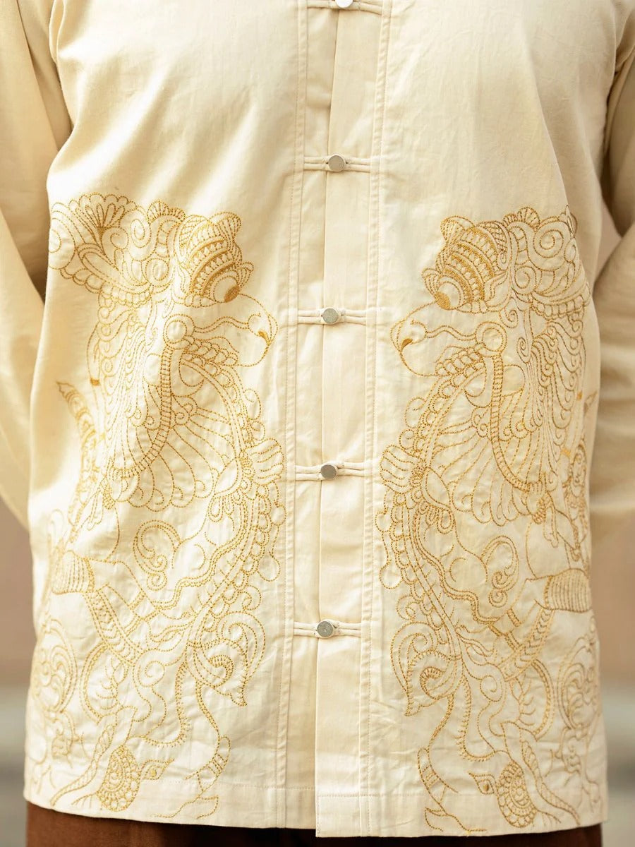 Spatex Premium Embroidered Mandarin Collar Shirt for Men | Beige Designer Full Sleeve Ethnic Casual Shirt