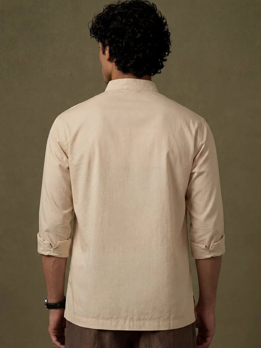 Spatex Premium Embroidered Mandarin Collar Shirt for Men | Beige Designer Full Sleeve Ethnic Casual Shirt