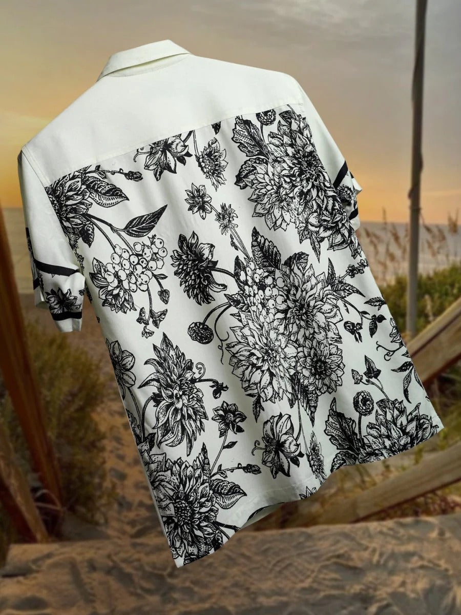 Spatex Floral Panel Printed Premium Casual Shirt for Men | White & Black Designer Half Sleeve Cuban Collar Shirt