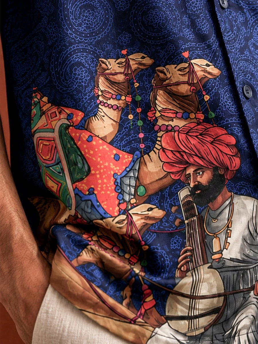 Spatex Rajasthan Folk Art Printed Premium Casual Shirt for Men | Half Sleeve Button-Up Designer Shirt