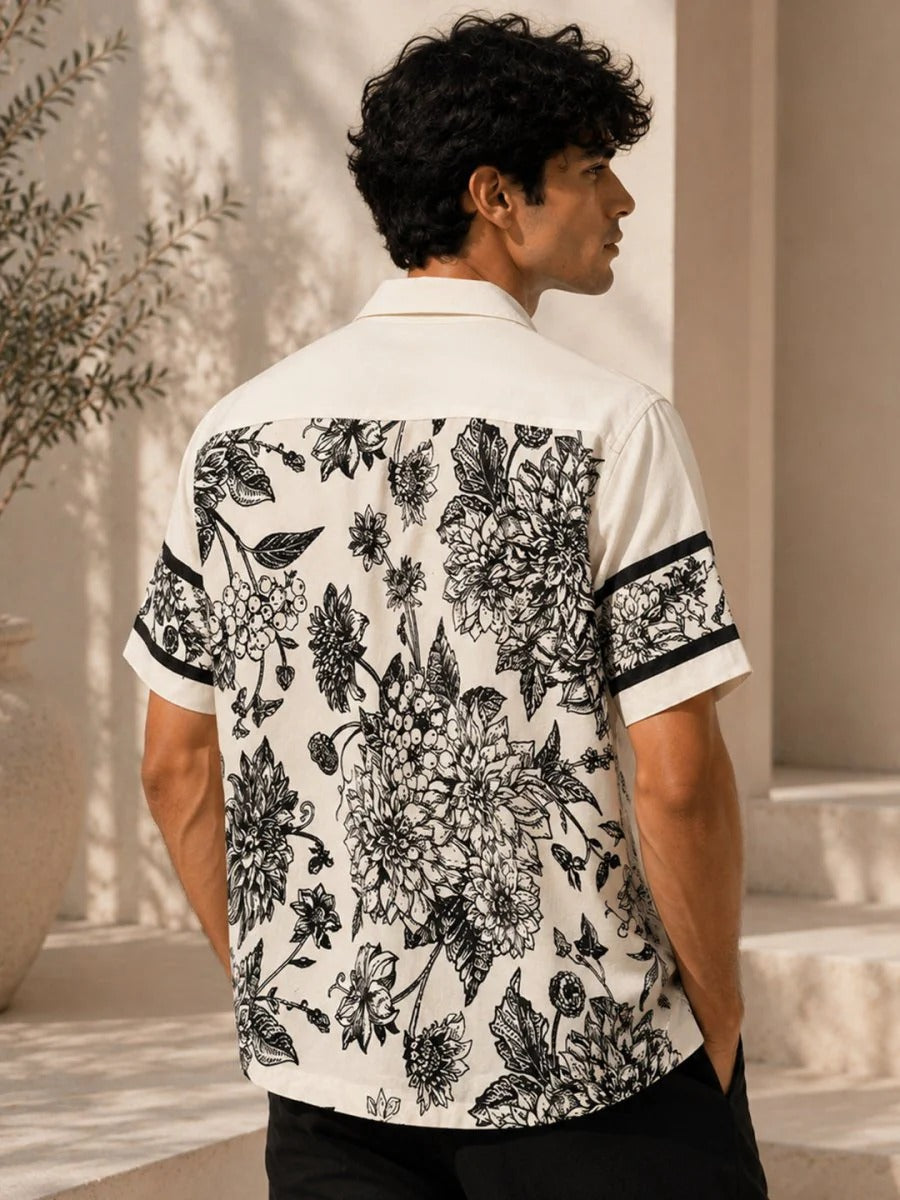Spatex Floral Panel Printed Premium Casual Shirt for Men | White & Black Designer Half Sleeve Cuban Collar Shirt