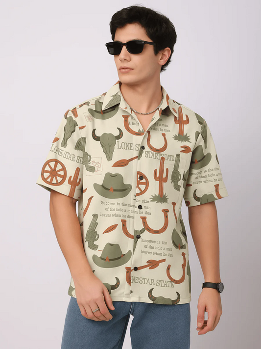 Spatex Texas Western Printed Premium Casual Shirt for Men | Beige Designer Half Sleeve Cowboy Graphic Shirt