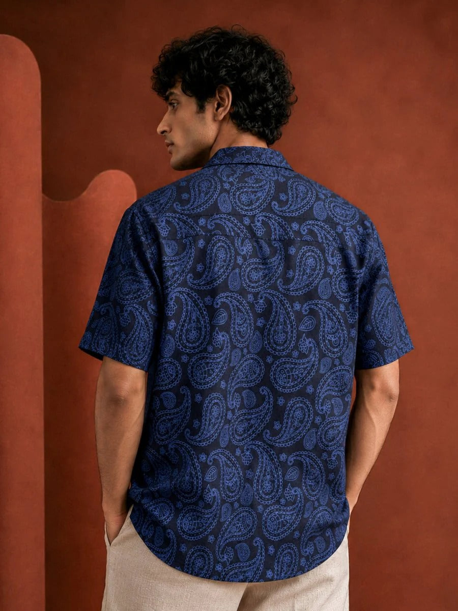 Spatex Rajasthan Folk Art Printed Premium Casual Shirt for Men | Half Sleeve Button-Up Designer Shirt