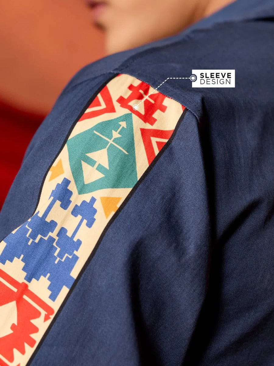 Spatex Himalayan Prayer Flag Printed Premium Casual Shirt for Men | Navy Blue Designer Full Sleeve Ethnic Shirt