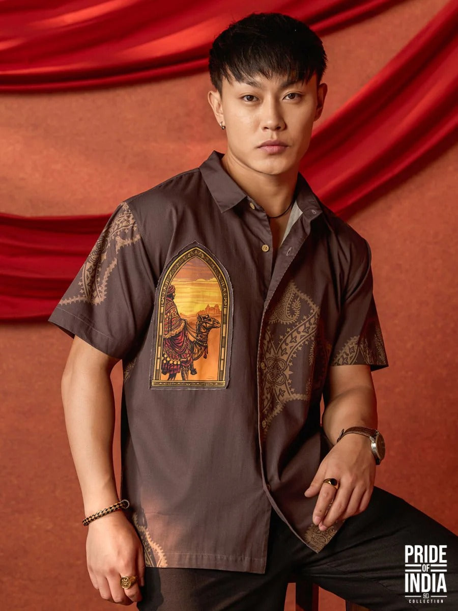 Spatex Nomad of Thar Printed Premium Casual Shirt for Men | Brown Designer Half Sleeve Ethnic Resort Shirt