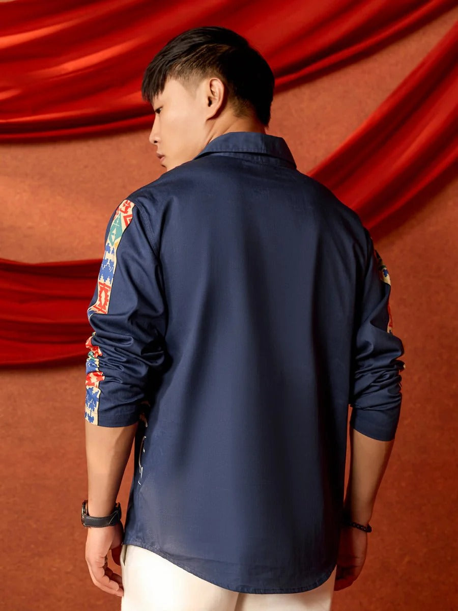 Spatex Himalayan Prayer Flag Printed Premium Casual Shirt for Men | Navy Blue Designer Full Sleeve Ethnic Shirt