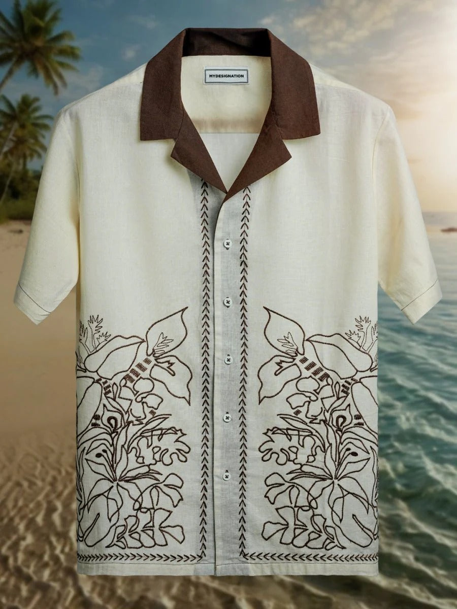 Spatex Tropical Embroidered Premium Casual Shirt for Men | Beige Designer Half Sleeve Resort Shirt