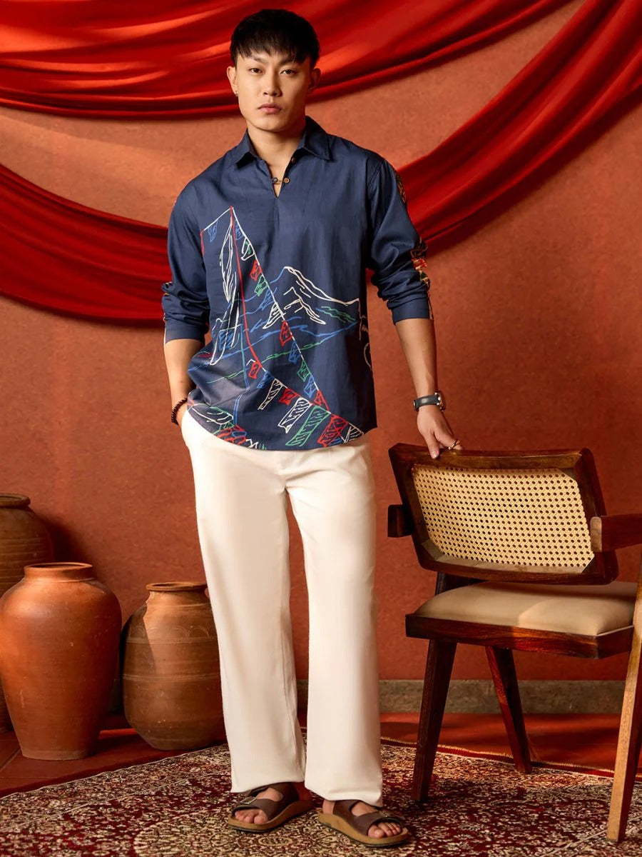 Spatex Himalayan Prayer Flag Printed Premium Casual Shirt for Men | Navy Blue Designer Full Sleeve Ethnic Shirt