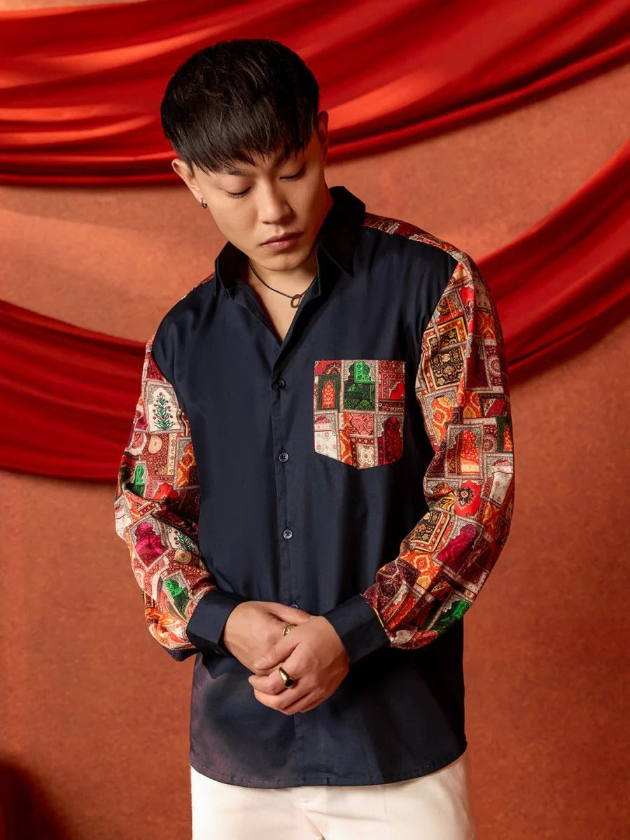 Spatex Royal Rajasthan Patchwork Printed Premium Casual Shirt for Men | Navy Blue Designer Full Sleeve Ethnic Shirt