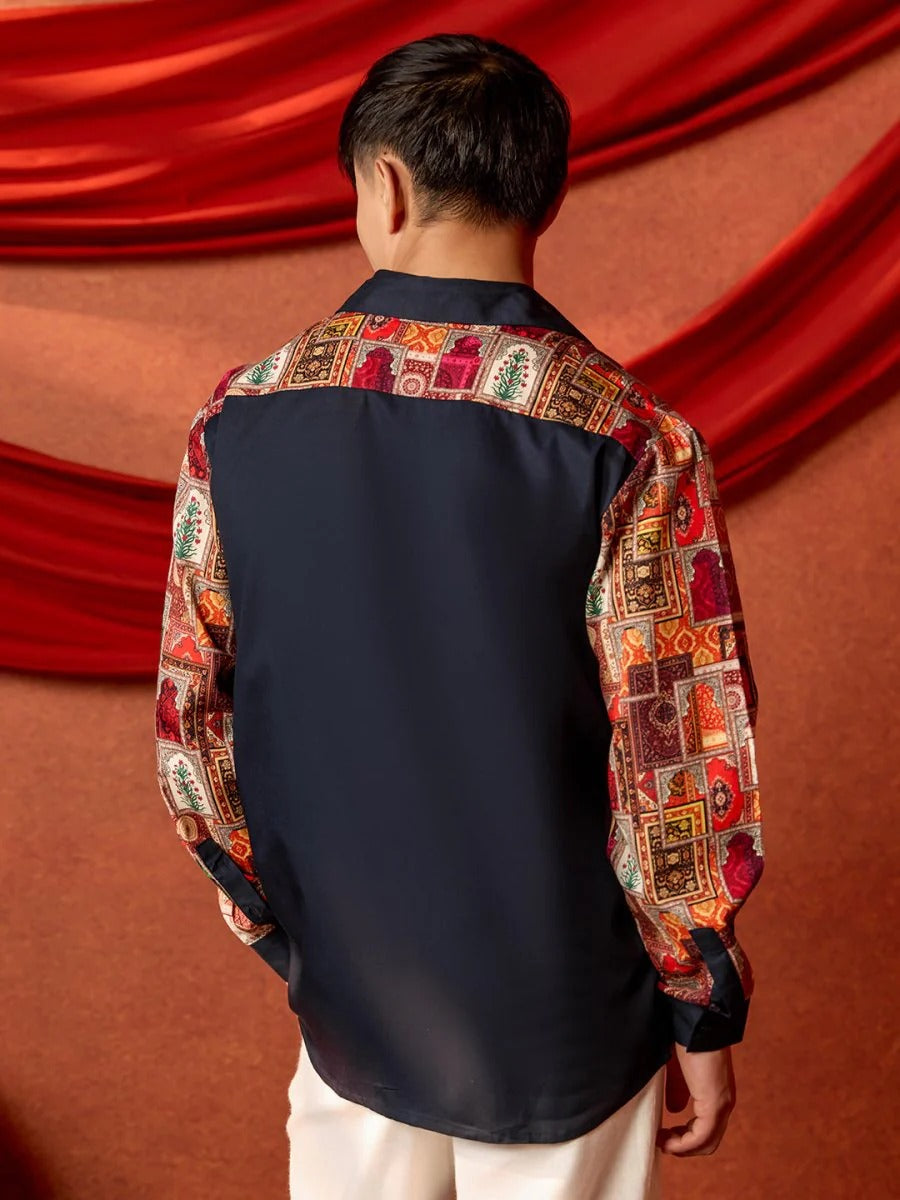 Spatex Royal Rajasthan Patchwork Printed Premium Casual Shirt for Men | Navy Blue Designer Full Sleeve Ethnic Shirt
