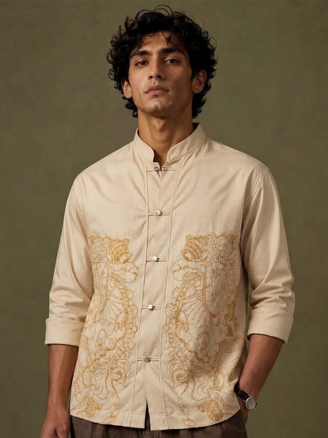 Spatex Premium Embroidered Mandarin Collar Shirt for Men | Beige Designer Full Sleeve Ethnic Casual Shirt