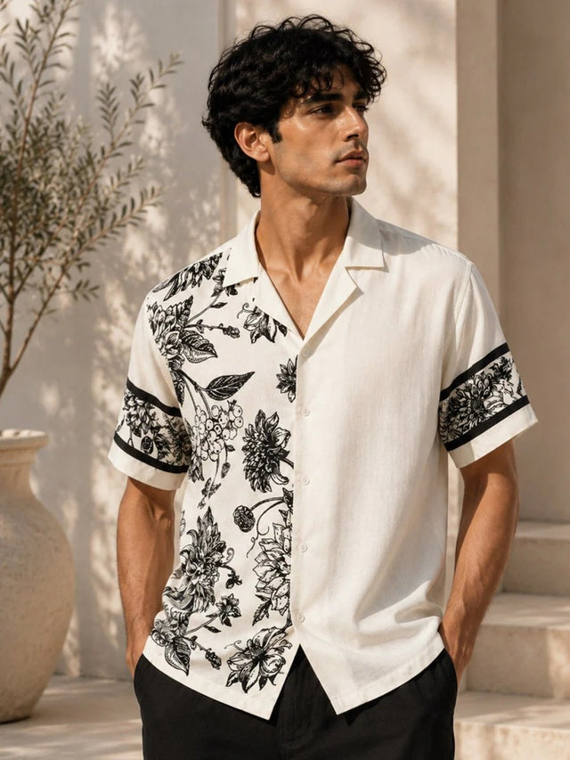 Spatex Floral Panel Printed Premium Casual Shirt for Men | White & Black Designer Half Sleeve Cuban Collar Shirt