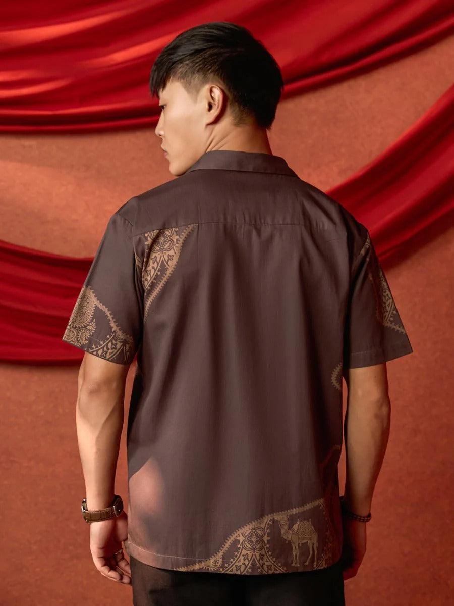 Spatex Nomad of Thar Printed Premium Casual Shirt for Men | Brown Designer Half Sleeve Ethnic Resort Shirt