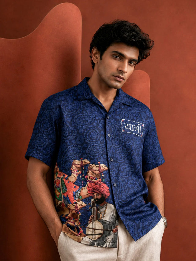 Spatex Rajasthan Folk Art Printed Premium Casual Shirt for Men | Half Sleeve Button-Up Designer Shirt