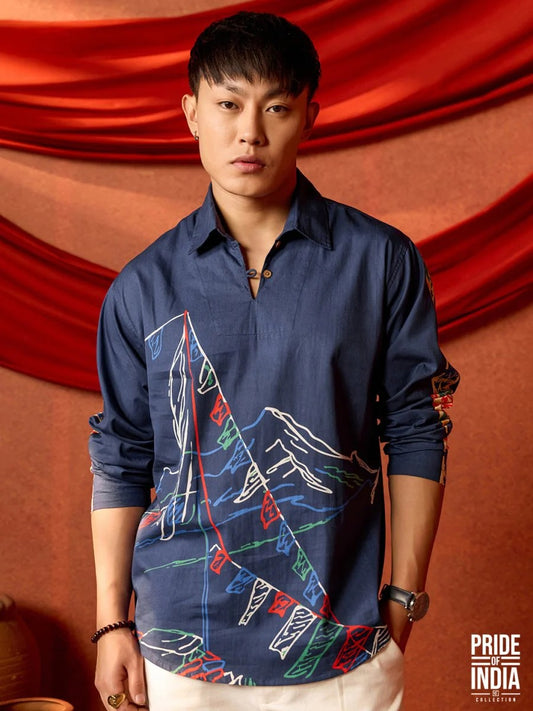 Spatex Himalayan Prayer Flag Printed Premium Casual Shirt for Men | Navy Blue Designer Full Sleeve Ethnic Shirt
