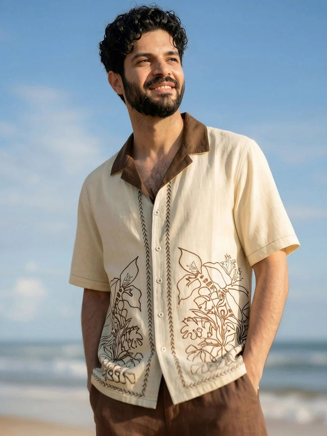 Spatex Tropical Embroidered Premium Casual Shirt for Men | Beige Designer Half Sleeve Resort Shirt