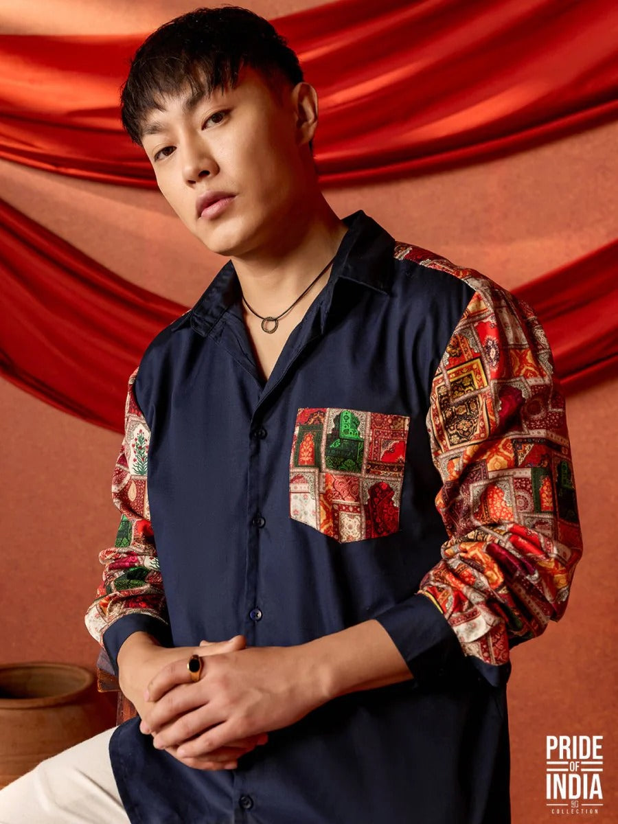 Spatex Royal Rajasthan Patchwork Printed Premium Casual Shirt for Men | Navy Blue Designer Full Sleeve Ethnic Shirt
